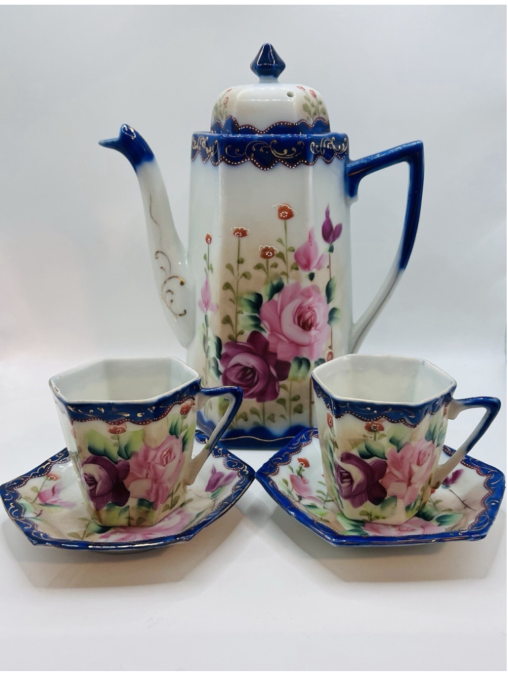 Antique Nippon Te Oh China Tea Set Cups Saucers Chocolate Pot Blue Gold Floral